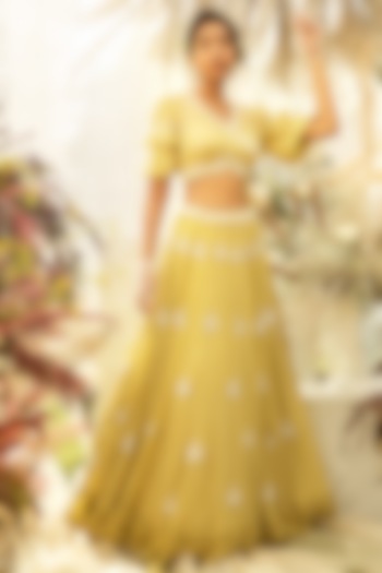 Lemon Sherbet Embroidered Wedding Lehenga Set by AWIGNA BY VARSHA & RITTU at Pernia's Pop Up Shop