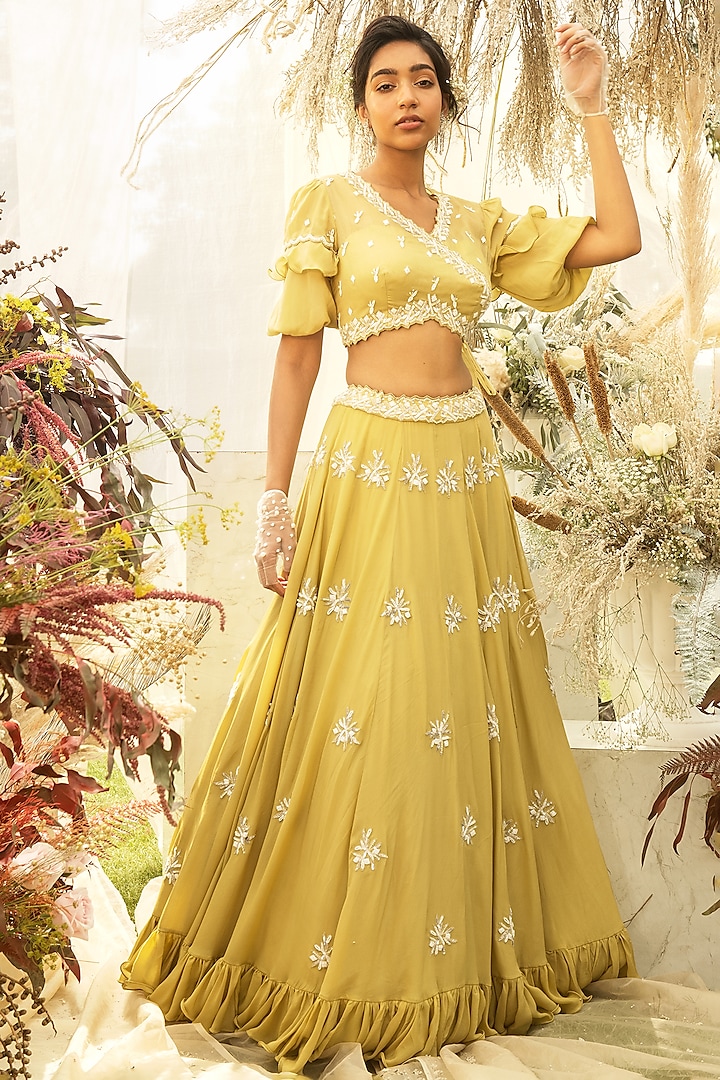 Lemon Sherbet Embroidered Wedding Lehenga Set by AWIGNA BY VARSHA & RITTU at Pernia's Pop Up Shop