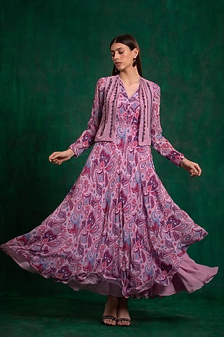 Soft Lilac Printed Dress With Cape by AWIGNA BY VARSHA & RITTU