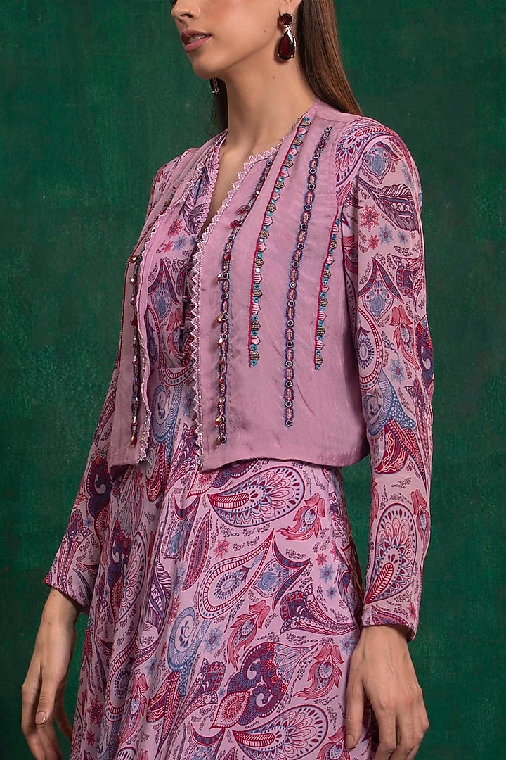 Soft Lilac Printed Vacation Dress With Cape by AWIGNA BY VARSHA & RITTU at Pernia's Pop Up Shop