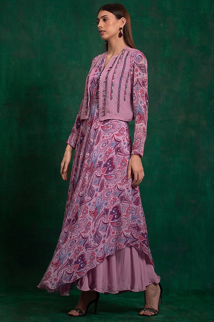 Soft Lilac Printed Vacation Dress With Cape by AWIGNA BY VARSHA & RITTU at Pernia's Pop Up Shop