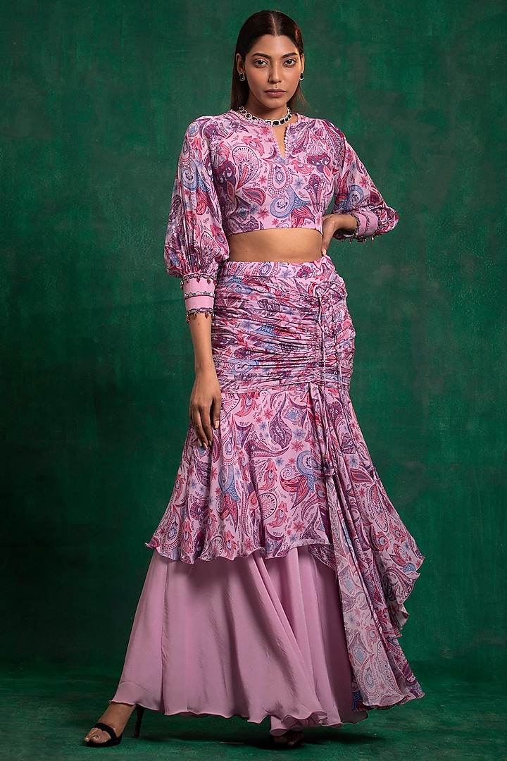 Soft Lilac Printed Asymmetrical Skirt Set by AWIGNA BY VARSHA & RITTU