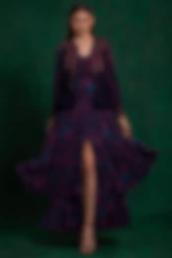 Navy Peony Printed Vacation Dress With Cape by AWIGNA BY VARSHA & RITTU at Pernia's Pop Up Shop