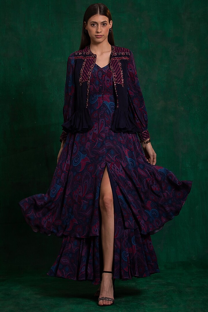 Navy Peony Printed Vacation Dress With Cape by AWIGNA BY VARSHA & RITTU at Pernia's Pop Up Shop