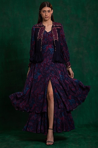 Navy Peony Printed Dress With Cape by AWIGNA BY VARSHA & RITTU