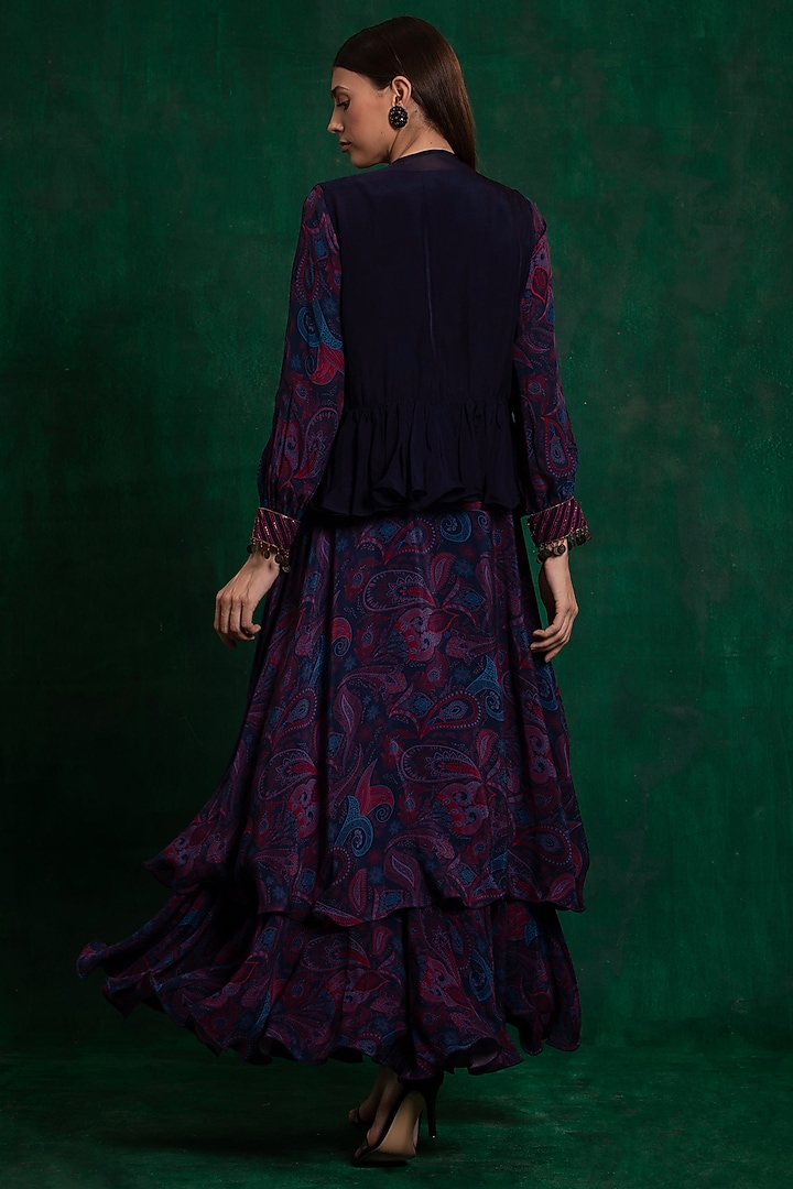 Navy Peony Printed Vacation Dress With Cape by AWIGNA BY VARSHA & RITTU at Pernia's Pop Up Shop