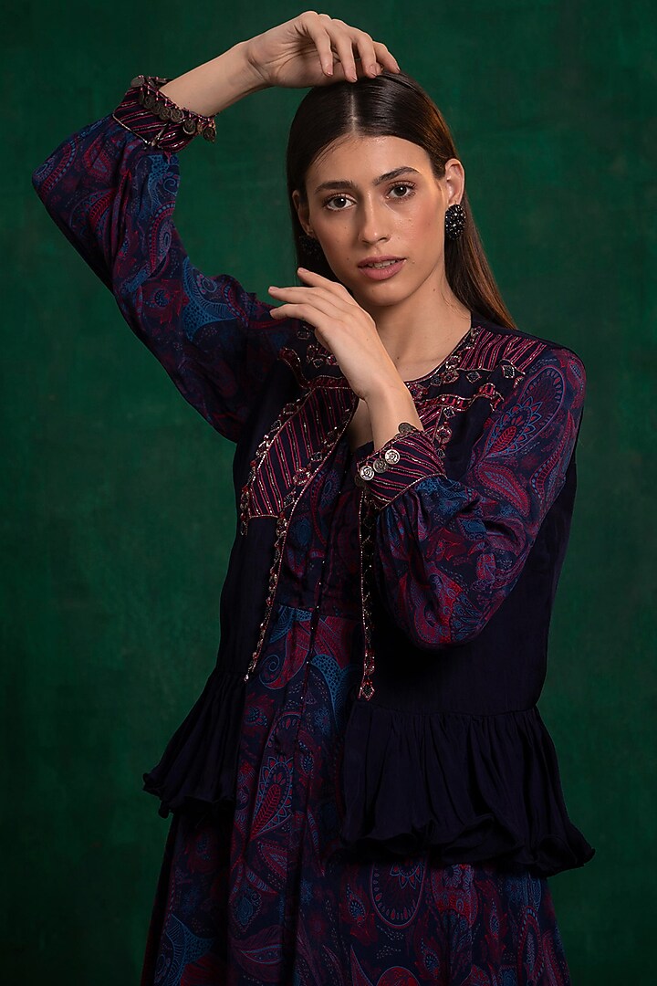 Navy Peony Printed Vacation Dress With Cape by AWIGNA BY VARSHA & RITTU at Pernia's Pop Up Shop
