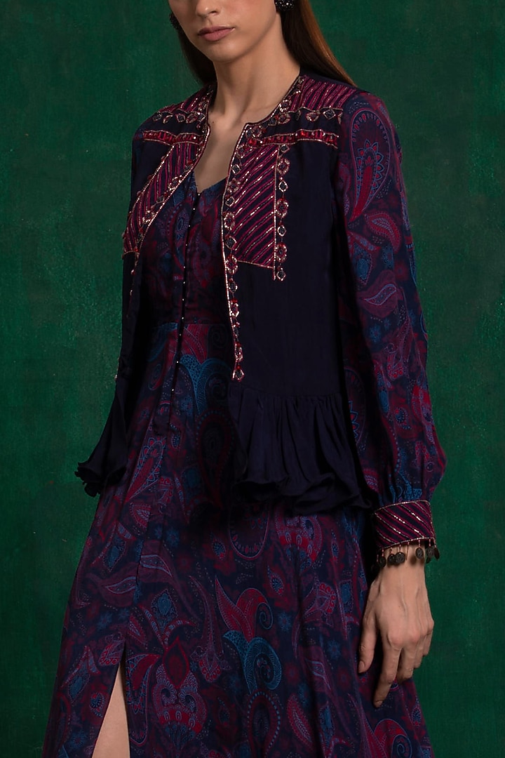 Navy Peony Printed Vacation Dress With Cape by AWIGNA BY VARSHA & RITTU at Pernia's Pop Up Shop