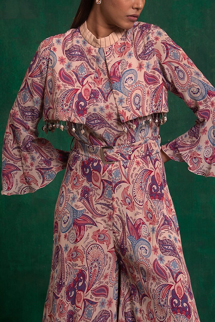 Beige Printed & Hand Embroidered Jumpsuit by AWIGNA BY VARSHA & RITTU at Pernia's Pop Up Shop