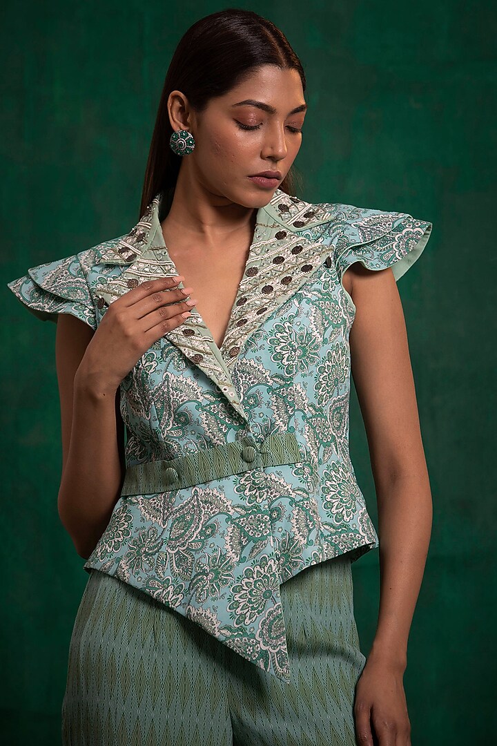Lime Green Printed & Hand Embroidered Coat Set by AWIGNA BY VARSHA & RITTU at Pernia's Pop Up Shop