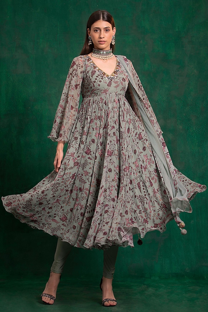 Mint Green Printed & Embroidered A-Line Anarkali Set by AWIGNA BY VARSHA & RITTU at Pernia's Pop Up Shop