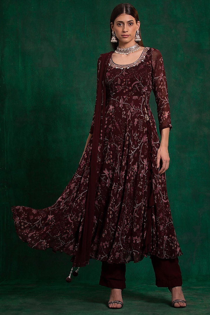 Wine Printed & Embroidered A-Line Anarkali Set by AWIGNA BY VARSHA & RITTU