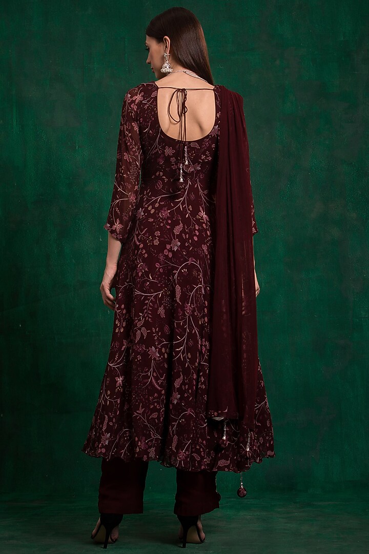 Wine Printed & Embroidered A-Line Party Wear Anarkali Set by AWIGNA BY VARSHA & RITTU at Pernia's Pop Up Shop