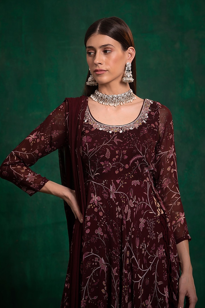 Wine Printed & Embroidered A-Line Party Wear Anarkali Set by AWIGNA BY VARSHA & RITTU at Pernia's Pop Up Shop
