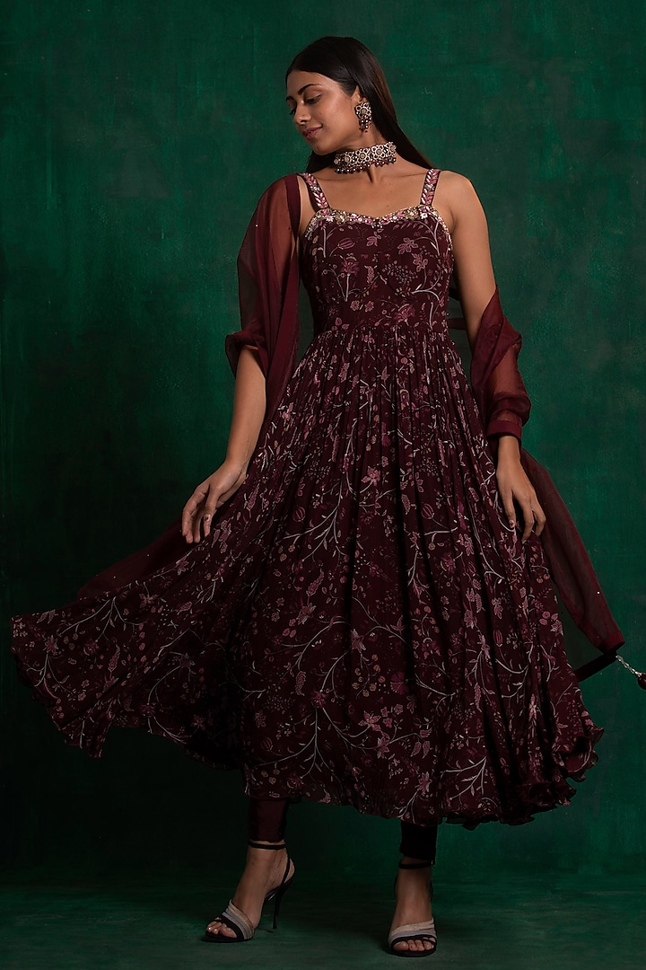 Wine Printed & Hand Embroidered A-Line Anarkali Set by AWIGNA BY VARSHA & RITTU at Pernia's Pop Up Shop