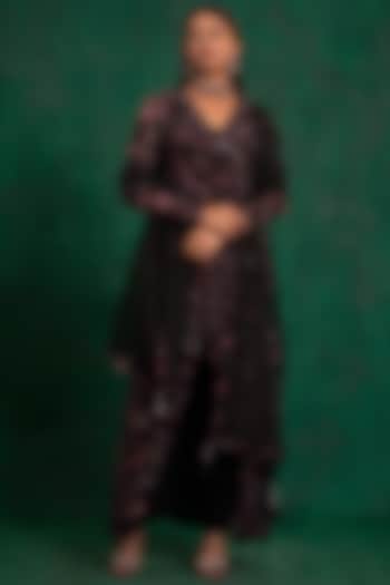 Smokey Black Printed & Embroidered A-Line Angrakha Party Wear Anarkali Set by AWIGNA BY VARSHA & RITTU at Pernia's Pop Up Shop