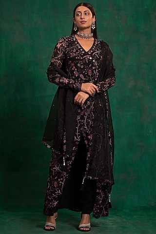 Smokey Black Printed & Embroidered A-Line Angrakha Anarkali Set by AWIGNA BY VARSHA & RITTU