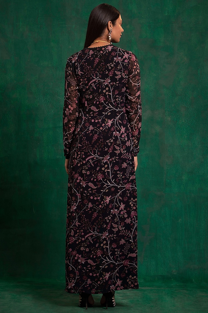 Smokey Black Printed & Embroidered A-Line Angrakha Party Wear Anarkali Set by AWIGNA BY VARSHA & RITTU at Pernia's Pop Up Shop