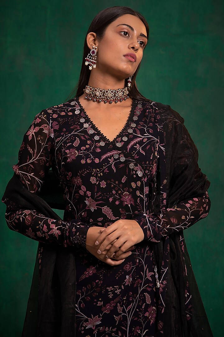 Smokey Black Printed & Embroidered A-Line Angrakha Party Wear Anarkali Set by AWIGNA BY VARSHA & RITTU at Pernia's Pop Up Shop