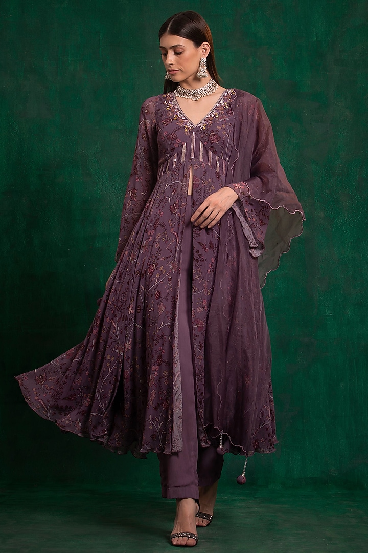 Rust Purple Digital Printed & Embroidered A-Line Party Wear Anarkali Set by AWIGNA BY VARSHA & RITTU at Pernia's Pop Up Shop
