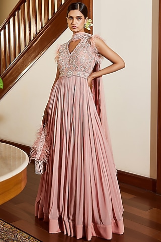 Lilac Georgette Embroidered Gown With Belt by AWIGNA BY VARSHA & RITTU