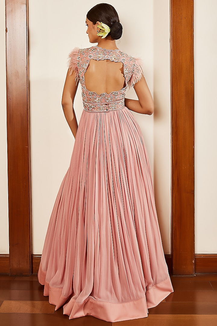 Lilac Georgette Embroidered Engagement Gown With Belt by AWIGNA BY VARSHA & RITTU at Pernia's Pop Up Shop