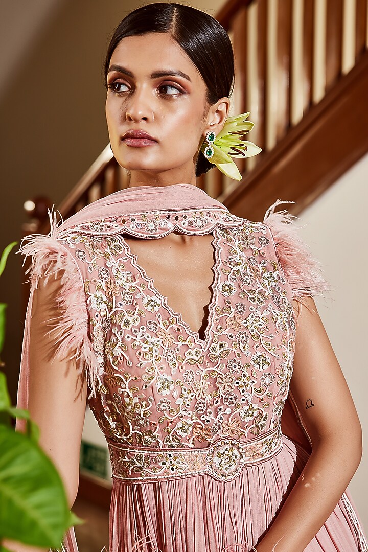 Lilac Georgette Embroidered Engagement Gown With Belt by AWIGNA BY VARSHA & RITTU at Pernia's Pop Up Shop