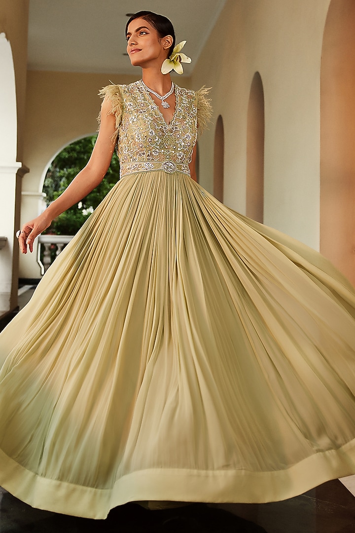 Pista Green Embroidered Engagement Gown With Belt by AWIGNA BY VARSHA & RITTU at Pernia's Pop Up Shop