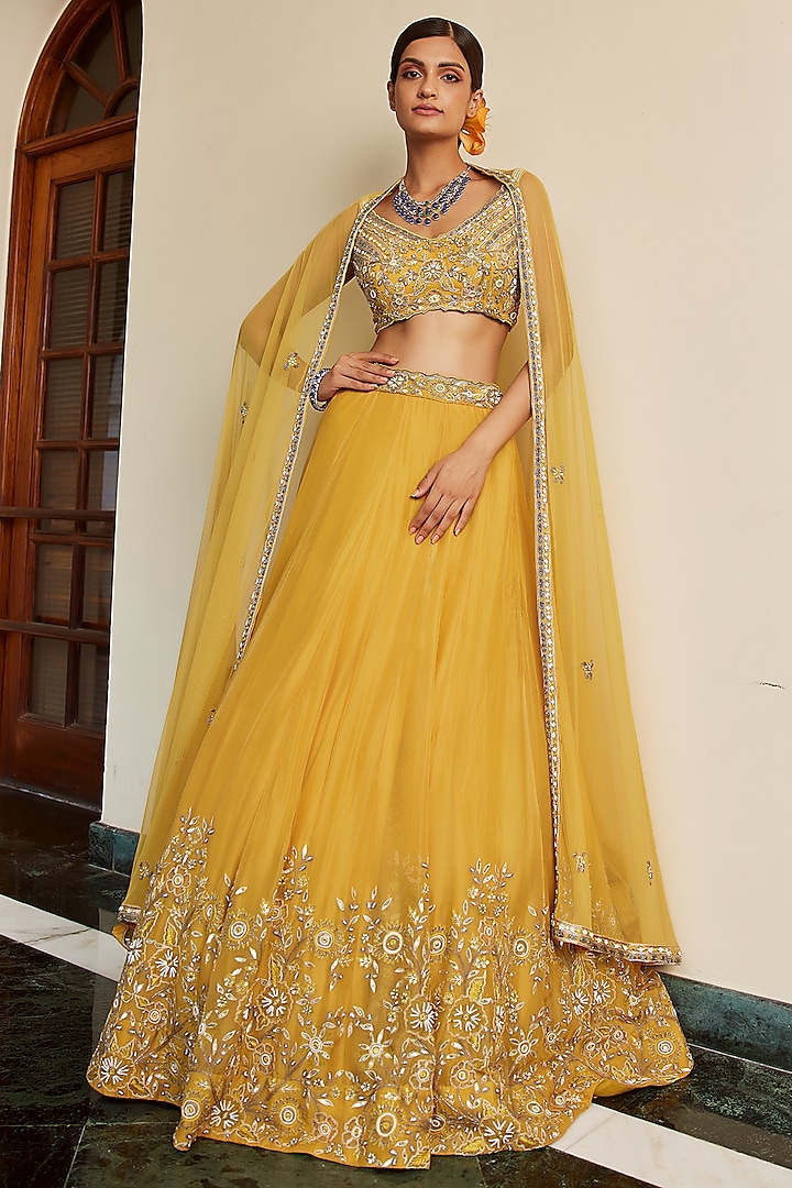 Sunshine Yellow Embroidered Lehenga Set by AWIGNA BY VARSHA & RITTU