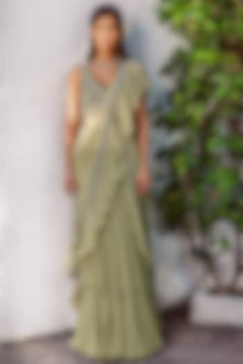 Pista Green Georgette Embroidered Wedding Saree Set by AWIGNA BY VARSHA & RITTU at Pernia's Pop Up Shop