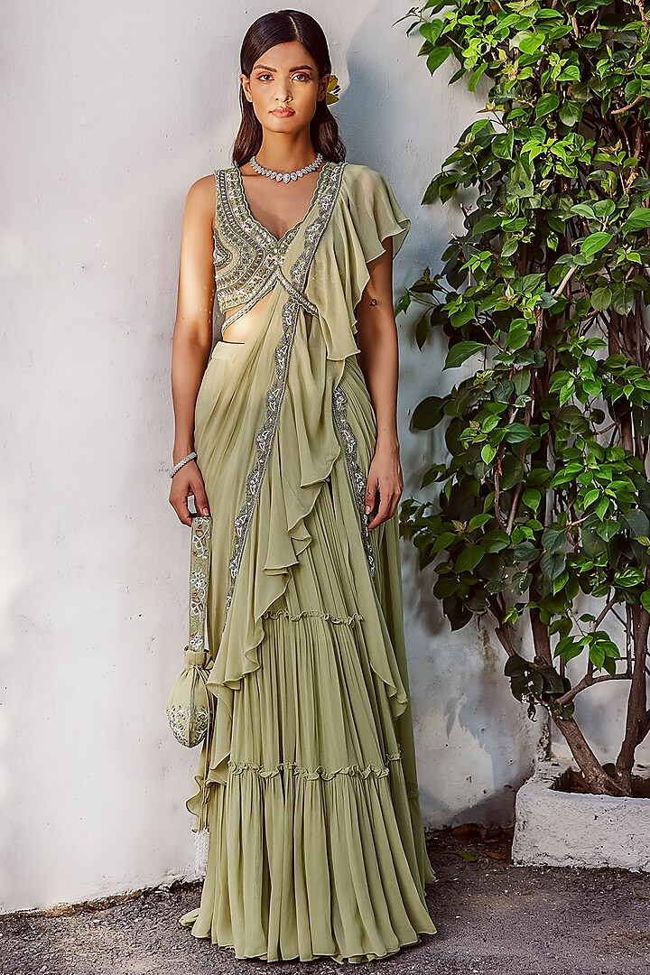 Pista Green Georgette Embroidered Saree Set by AWIGNA BY VARSHA & RITTU
