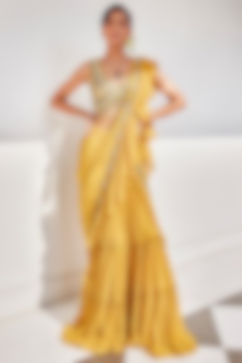 Sunshine Yellow Embroidered Saree Set by AWIGNA BY VARSHA & RITTU at Pernia's Pop Up Shop