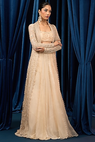 Ivory Net Floral Embroidered Jacket Set by AWIGNA BY VARSHA & RITTU