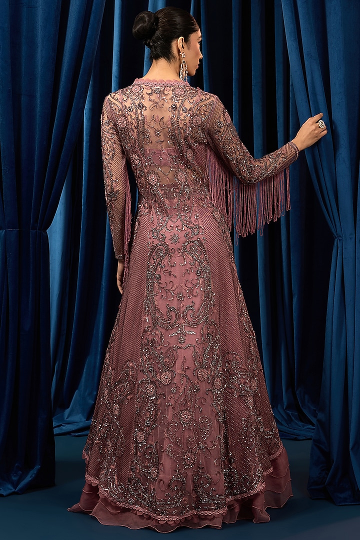 Dusty Onion Net Floral Embroidered Jacket Set by AWIGNA BY VARSHA & RITTU at Pernia's Pop Up Shop