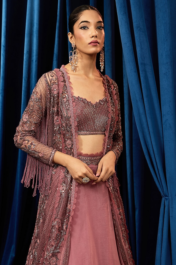 Dusty Onion Net Floral Embroidered Jacket Set by AWIGNA BY VARSHA & RITTU at Pernia's Pop Up Shop