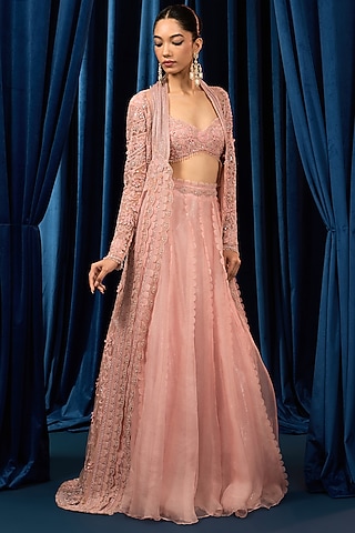 Rose Pink Net Floral Embroidered Jacket Set by AWIGNA BY VARSHA & RITTU