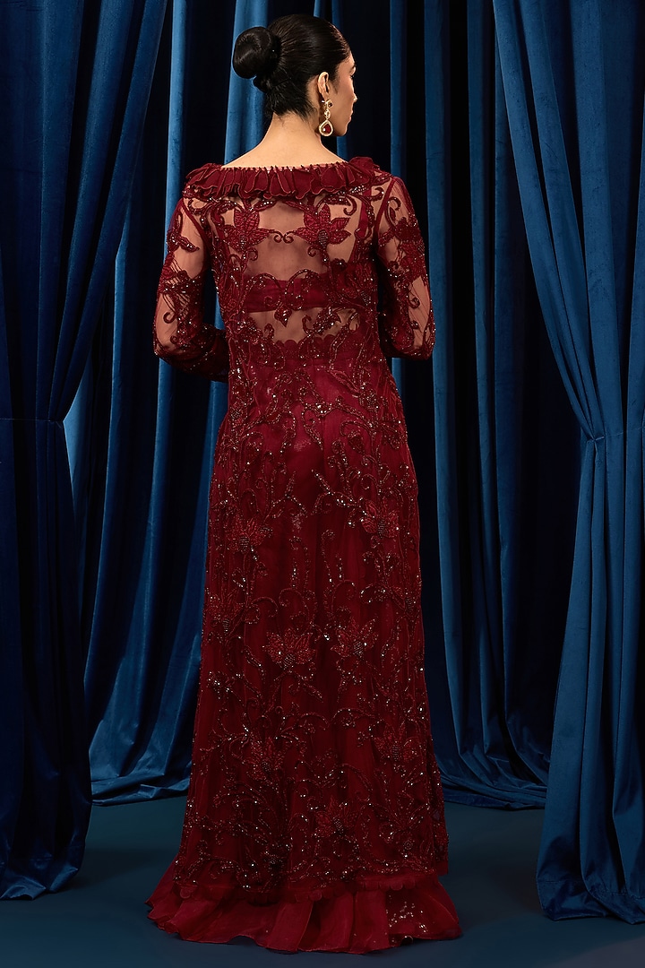Ruby Red Net Embroidered Jacket Set by AWIGNA BY VARSHA & RITTU at Pernia's Pop Up Shop