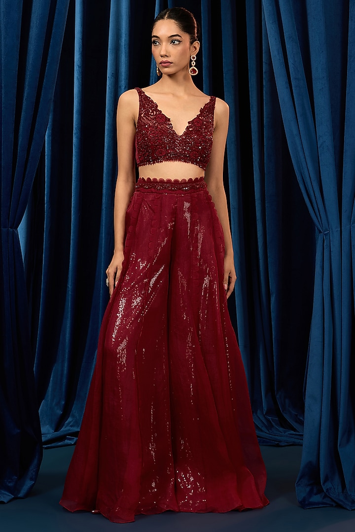 Ruby Red Net Embroidered Jacket Set by AWIGNA BY VARSHA & RITTU at Pernia's Pop Up Shop