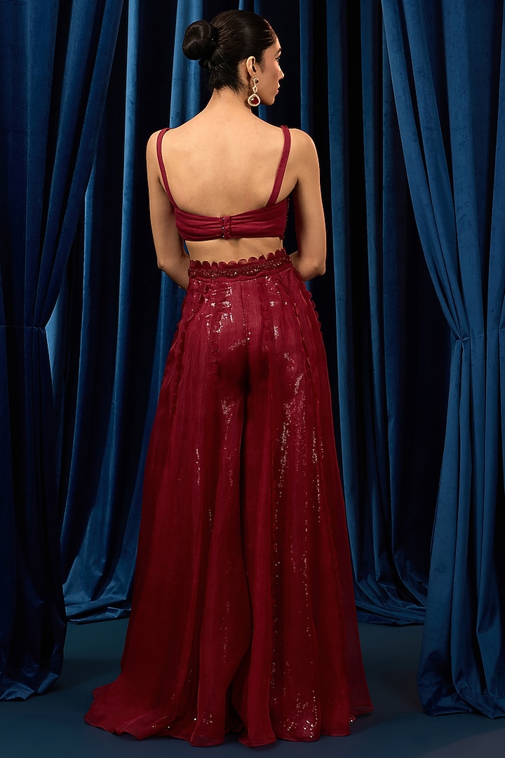 Ruby Red Net Embroidered Jacket Set by AWIGNA BY VARSHA & RITTU at Pernia's Pop Up Shop