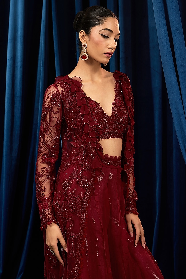 Ruby Red Net Embroidered Jacket Set by AWIGNA BY VARSHA & RITTU at Pernia's Pop Up Shop