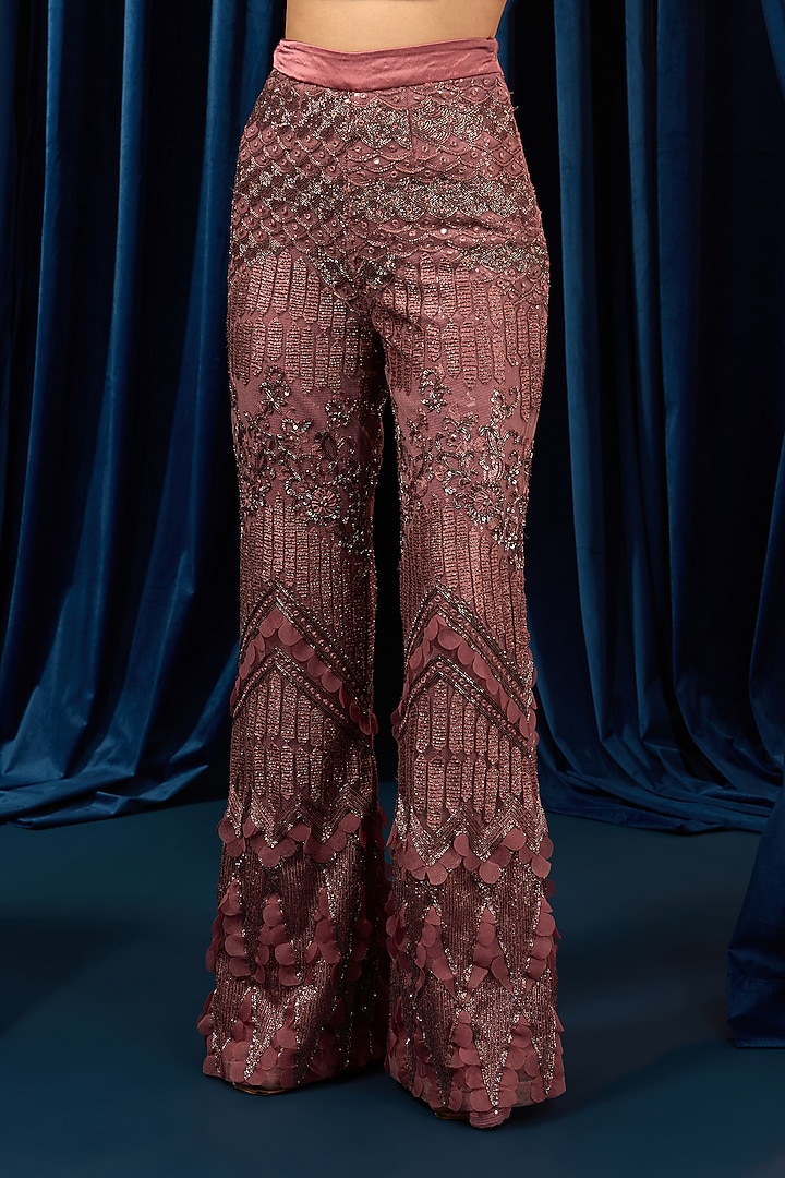 Dusty Onion Pink Net Bell-Bottom Pant Set by AWIGNA BY VARSHA & RITTU at Pernia's Pop Up Shop