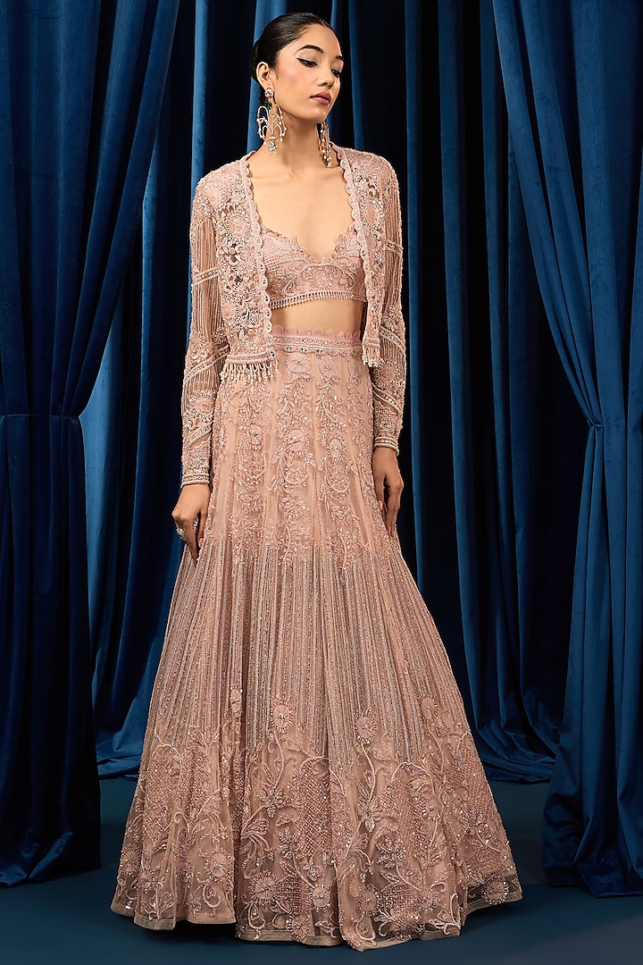 Rose Pink Net Embroidered Jacket Bridal Lehenga Set by AWIGNA BY VARSHA & RITTU at Pernia's Pop Up Shop