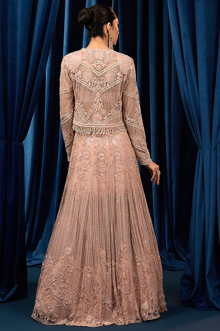 Rose Pink Net Embroidered Jacket Bridal Lehenga Set by AWIGNA BY VARSHA & RITTU at Pernia's Pop Up Shop