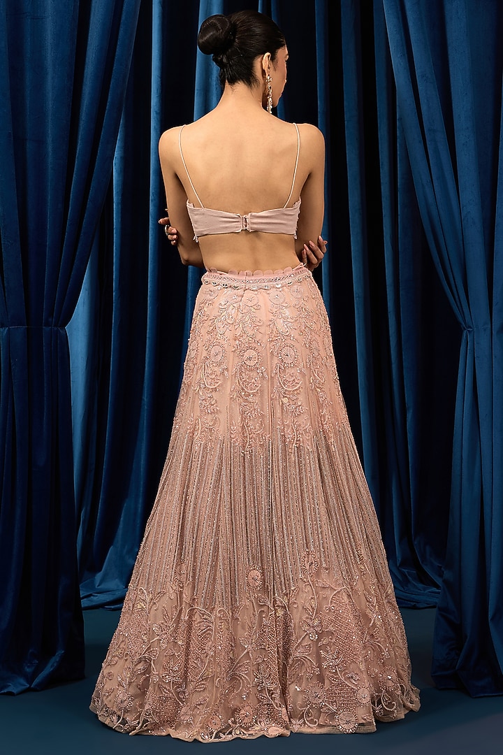 Rose Pink Net Embroidered Jacket Bridal Lehenga Set by AWIGNA BY VARSHA & RITTU at Pernia's Pop Up Shop