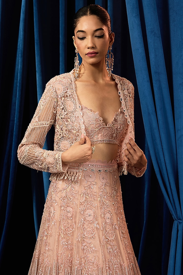 Rose Pink Net Embroidered Jacket Bridal Lehenga Set by AWIGNA BY VARSHA & RITTU at Pernia's Pop Up Shop