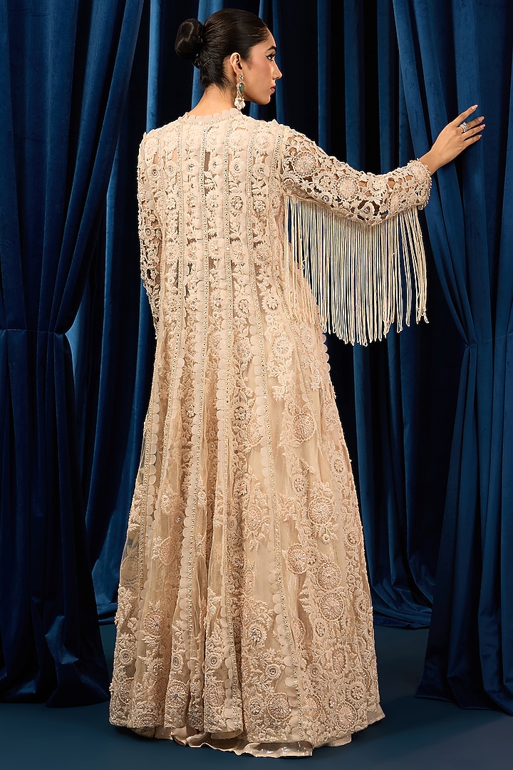 Ivory Net Floral Embroidered Jacket Set by AWIGNA BY VARSHA & RITTU at Pernia's Pop Up Shop