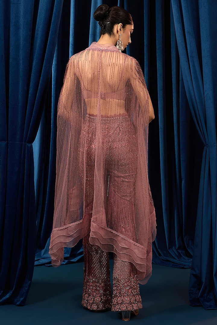 Dusty Onion Pink Net Embroidered Sheer Cape Set by AWIGNA BY VARSHA & RITTU at Pernia's Pop Up Shop