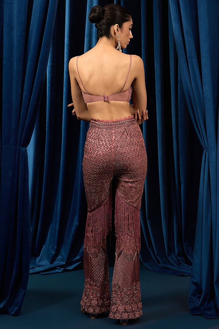 Dusty Onion Pink Net Embroidered Sheer Cape Set by AWIGNA BY VARSHA & RITTU at Pernia's Pop Up Shop