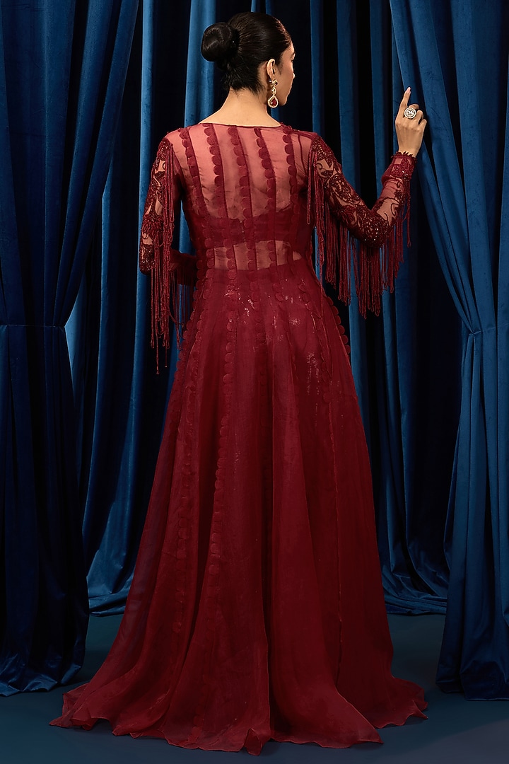 Ruby Red Net Embroidered Jacket Set by AWIGNA BY VARSHA & RITTU at Pernia's Pop Up Shop