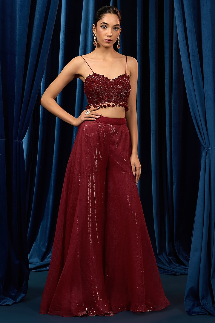 Ruby Red Net Embroidered Jacket Set by AWIGNA BY VARSHA & RITTU at Pernia's Pop Up Shop